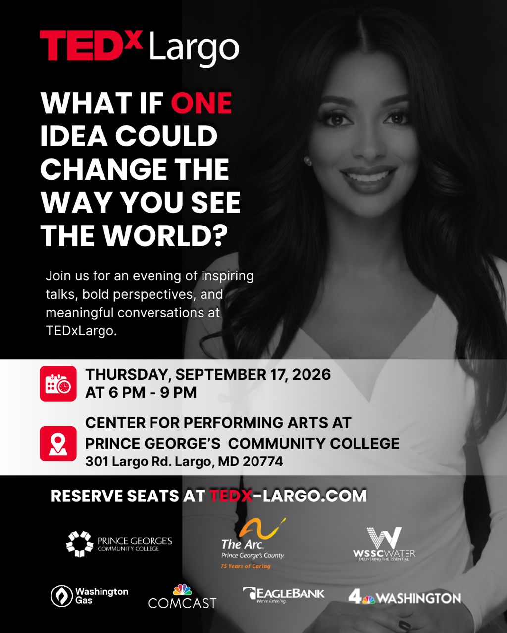 TEDx Largo flyer featuring Yvonne Harper — Thursday, September 17, 2026 at Prince George's Community College
